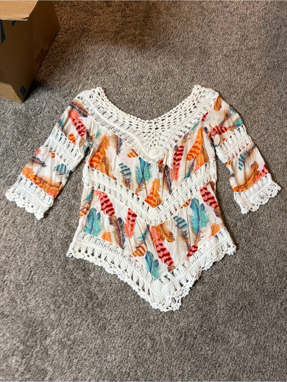 Source Unknown Crochet-Trim Feather Print Tunic - White with Orange, Teal, Red
